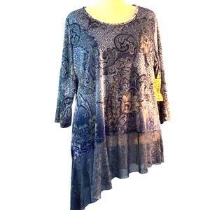 NWT One World Pullover Velvety Top Asymmetrical Hem Rhinestones Paisley Blue 2X